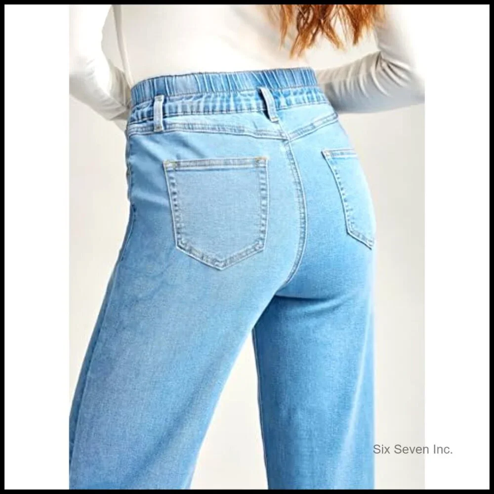 Stretchy Elastic High Waist Wide Leg Jeans Trendy Y2K Baggy Straight Trousers